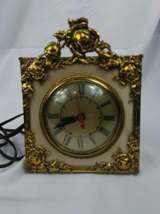 Vintage Antique Sessions Electric Brass Rose Floral Clock 7” X 5”