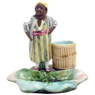 Black Memorabilia Figural Majolica Ceramic Match Holder And Striker