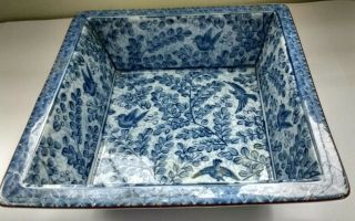 Vintage oriental Japanese blue white brown rimmed square dish floral bird design 2