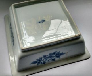 Vintage oriental Japanese blue white brown rimmed square dish floral bird design 3
