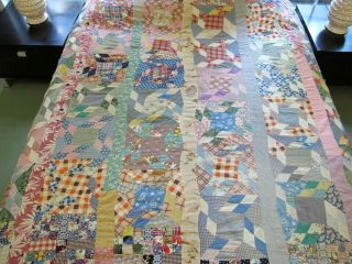 Vintage Rustic Feed Sack Hand Pieced Slashed Album Quilt Top