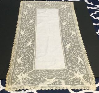 Gorgeous Vintage Lace Runner Linen With Birds 48” Long