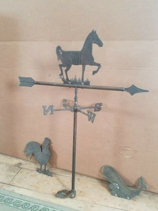 Vintage Brass 3 Piece Weather Vane Roof Top Lightning Rod Horse,  Whale&rooster