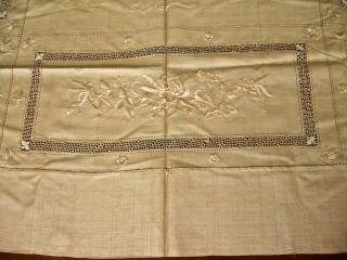 antique Chinese silk tablecloth w elaborate embroidery,  drawnwork 41 