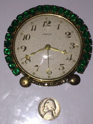 Vintage Semca 7 Jewels Swiss Alarm Clock With Green Rhinestones Cond.