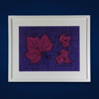 Vintage 1960s 70s Framed Purple Maple Leaf Fabric Wall Hanging - Signed Retro