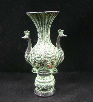 185mm Collectible Handmade Carving Statue Copper Bronze Vase Peacock Deco Art