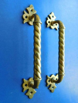 1900s Antique Ornate Brass Door Pull Handle Pair Barley Twist Grips
