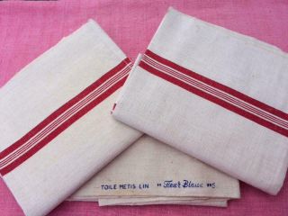 3 Vintage French Linen Fleur Bleue Torchons Tea Towels Red Stripes