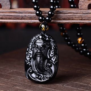 Obsidian Guan Gong God Wealth Hand Engraving Guan Yu Head Pendant