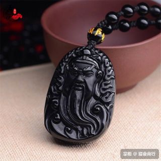Obsidian Guan Gong God Wealth Hand Engraving Guan Yu Head Pendant 4
