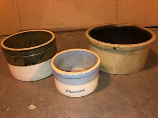 3 Stoneware Salt Glazed Butter Crock Bowls 10”,  7.  5”,  6” Dia In Great Shape