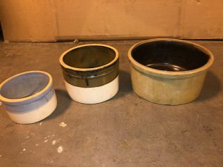 3 Stoneware Salt Glazed Butter Crock Bowls 10”,  7.  5”,  6” Dia In Great Shape 3