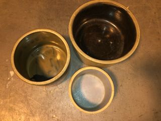 3 Stoneware Salt Glazed Butter Crock Bowls 10”,  7.  5”,  6” Dia In Great Shape 4