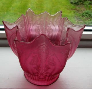 Antique Victorian Art Nouveau Cranberry Etched Glass Oil Lamp Shade B