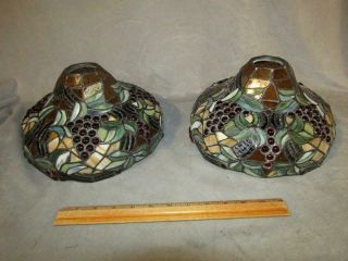 Pair Colorful Vintage 10 " Leaded Glass Lamp Shades - Fruit Motif