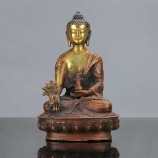 Collectablen Old China Brass Gilt Hand Carved Buddhism Pharmacist Buddha Statue