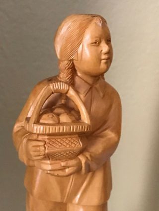 Rare - Chinese Cultural Revolution Era Wood Carved Girl HoldingFood Basket Statue 5