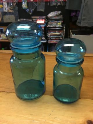 2 Vintage Cobalt Blue Glass Apothecary Jars Bubble Top W/seal Made In Belgium