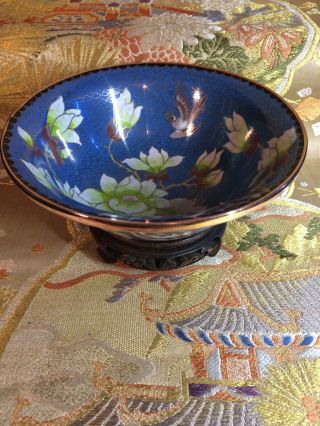 Antique Chinese Cloisonne Bowl On Stand Magnolia 6 "