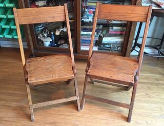 Qty 2 Vintage Snyder Wood Slat Folding Chairs 36 " X 16 " X 1.  5 " Folded