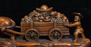 Old Room Decoration Boxwood Carve Old Man Ride Bull Car Transport Fortune Statue 3