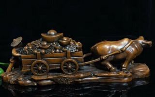 Old Room Decoration Boxwood Carve Old Man Ride Bull Car Transport Fortune Statue 7