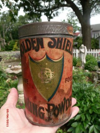 Vintage Dudley Golden Shield Baking Powder Tin Can Old Kitchen Fairport Ny