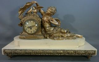 Vintage Art Nouveau Style Lady & Birds Statue Figural Mantel Clock Old Sculpture