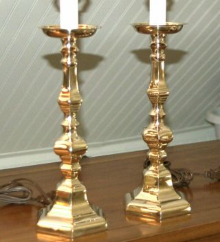 Pair Brass Candlestick Lamps Colonial Williamsburg Style Georgian