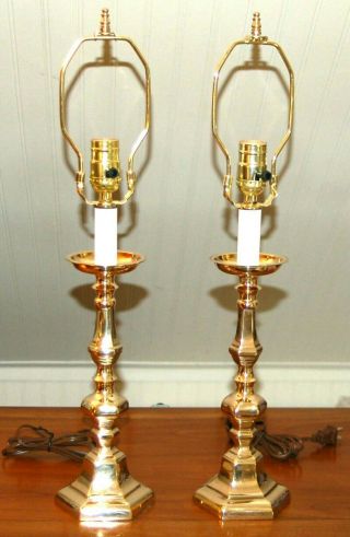 PAIR Brass Candlestick LAMPS Colonial Williamsburg Style Georgian 2