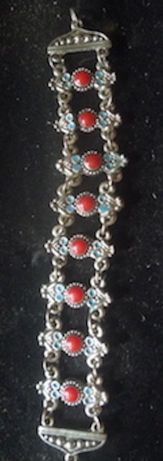 Vintage Tribal Coral Enamel Bracelet Turquoise 1970s - Estate - 2 Post