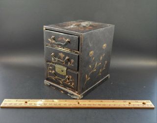 Small Antique Japanese Painted Wood Tansu 3 Drawer Box Metal Handles Old Surface