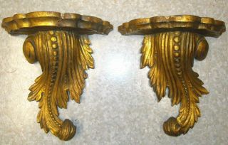 Pair Antique Italian Carved Wood Gilt Sconces Shelf