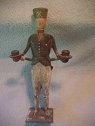 Candle Holder Antique Folk Art Wooden In Form Of Soldier/whirligig,  Great Paint