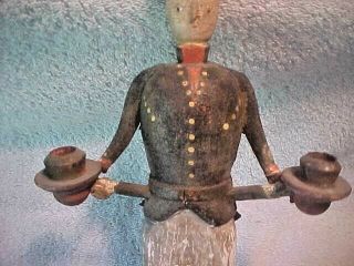 candle holder antique folk art wooden in form of soldier/whirligig,  great paint 3