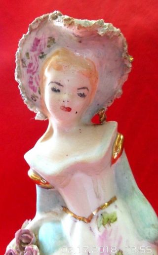 Antique Victorian Porcelain Figurine Lady Statue Floral Dress Hat Gold Trim