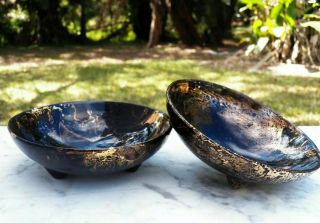 Pair Sasha Brastoff Ceramic 3 - Footed Bowls Mid Century Modern Black Gold