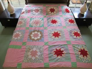Vintage Antique Feed Sack Hand Pieced Morning Star Quilt Top; 71 " X 68 "