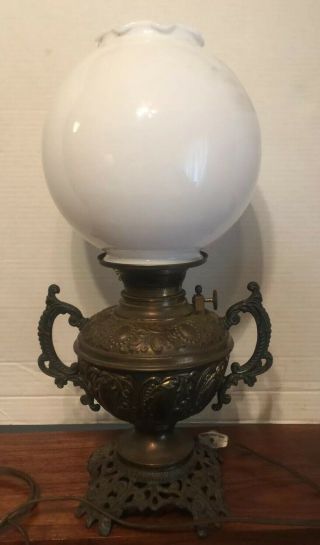 Antique Converted Oil Kerosene Lamp - Detailed Brass & Metals W/globe Shade