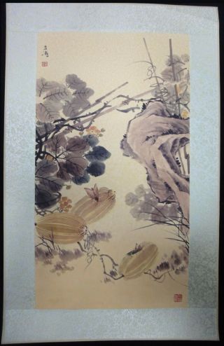 Very Old Chinese Paper Painting Plants And Insects " Wangxuetao " Marks