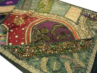 60 " Green Crazy Quilt Heavily Sequin Sari Vintage Decor Tapestry Wall Hanging