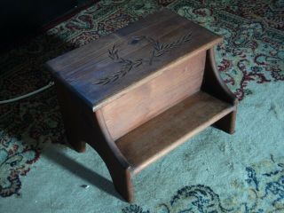 Dutch Colonial Pine Wood Two Step Foot Stool Inscribed Flip Top Compartment
