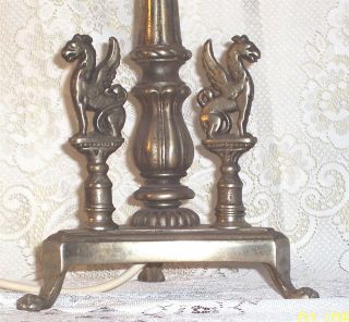 Antique Trio Of Winged Griffins Cast Iron Lamp 26 " Steampunk Castle Gothic