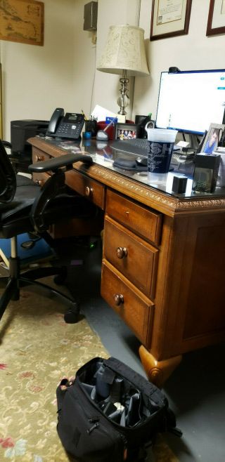 Solid Oak Desk (with Glass Top) And Leather Executive Chair
