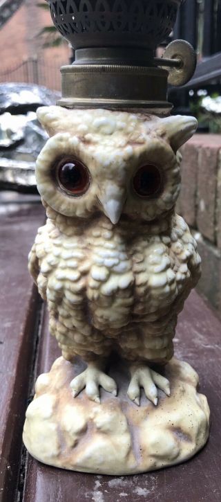 Antique Owl Form Ceramic Oil Lamp Lantern 
