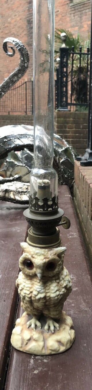 ANTIQUE OWL FORM CERAMIC OIL LAMP LANTERN  8