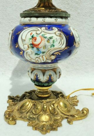 Small Antique French Sevres Cobalt Porcelain Flower Bronze Glass Hurricane Lamp 2