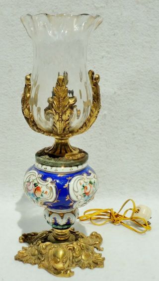 Small Antique French Sevres Cobalt Porcelain Flower Bronze Glass Hurricane Lamp 5