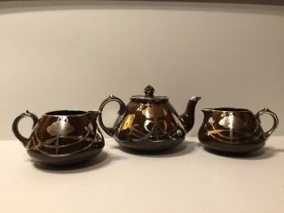 Antique Art Crafts Art Pottery Sterling Overlay Three Piece Tea Set